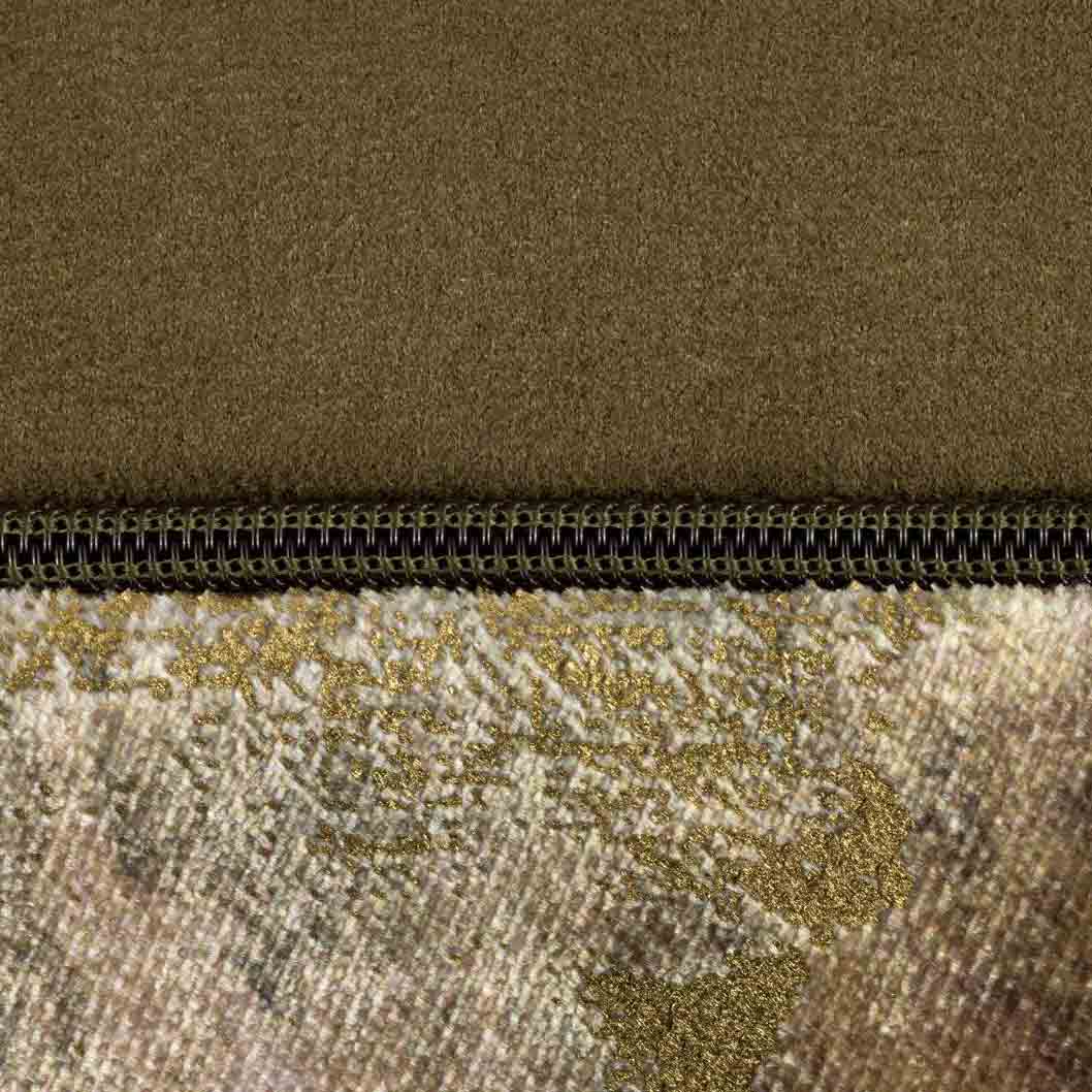 Close-up of Caesium Cushion Zip – Gold Front & Green Velvet Reverse