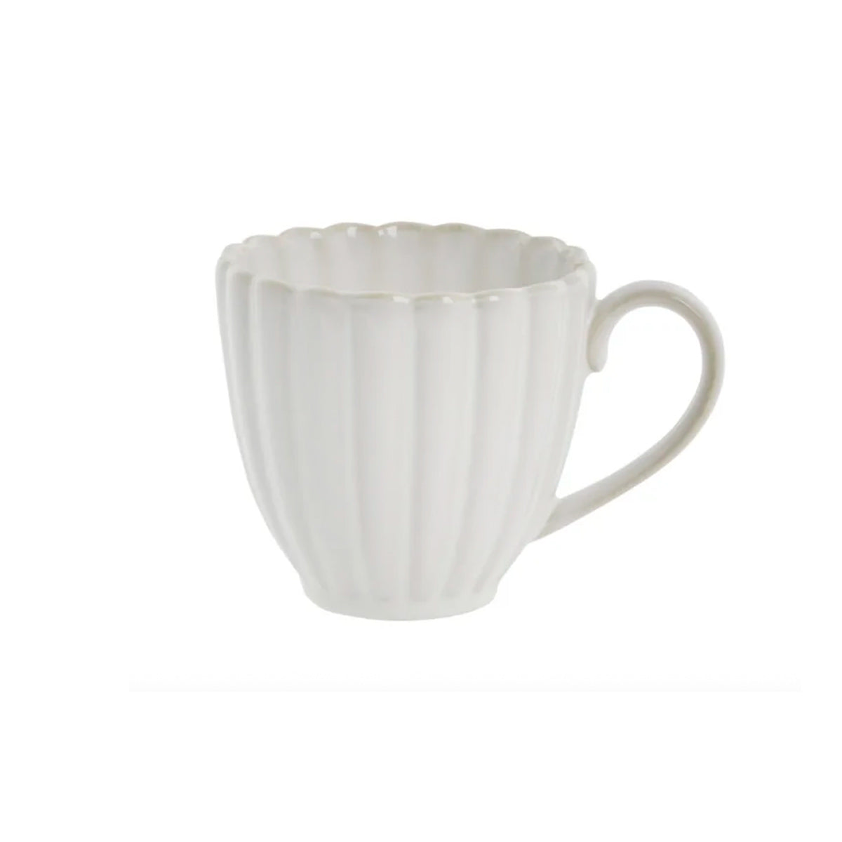 White Camille porcelain mug with a scalloped design on a white background