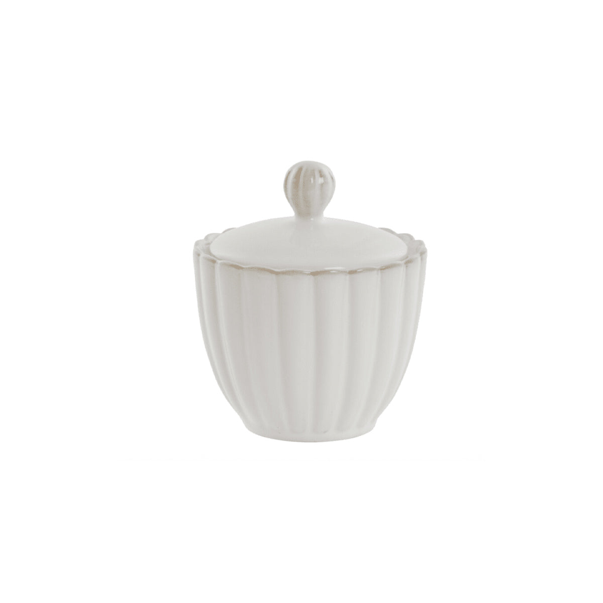 White Camille ceramic sugar bowl with lid on a white background