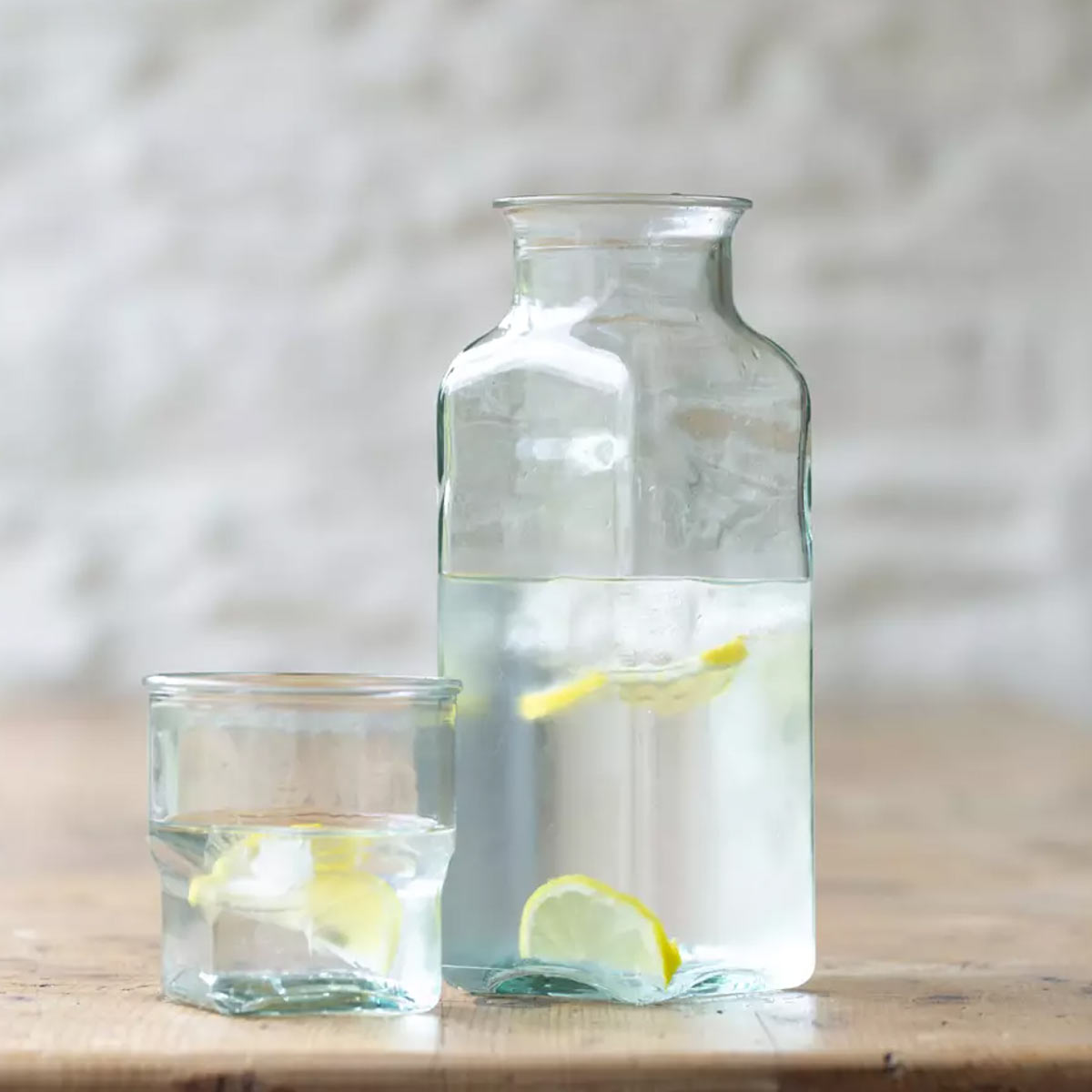 Square Carafe and Glass Set – clear recycled glass with 1L capacity and compact design