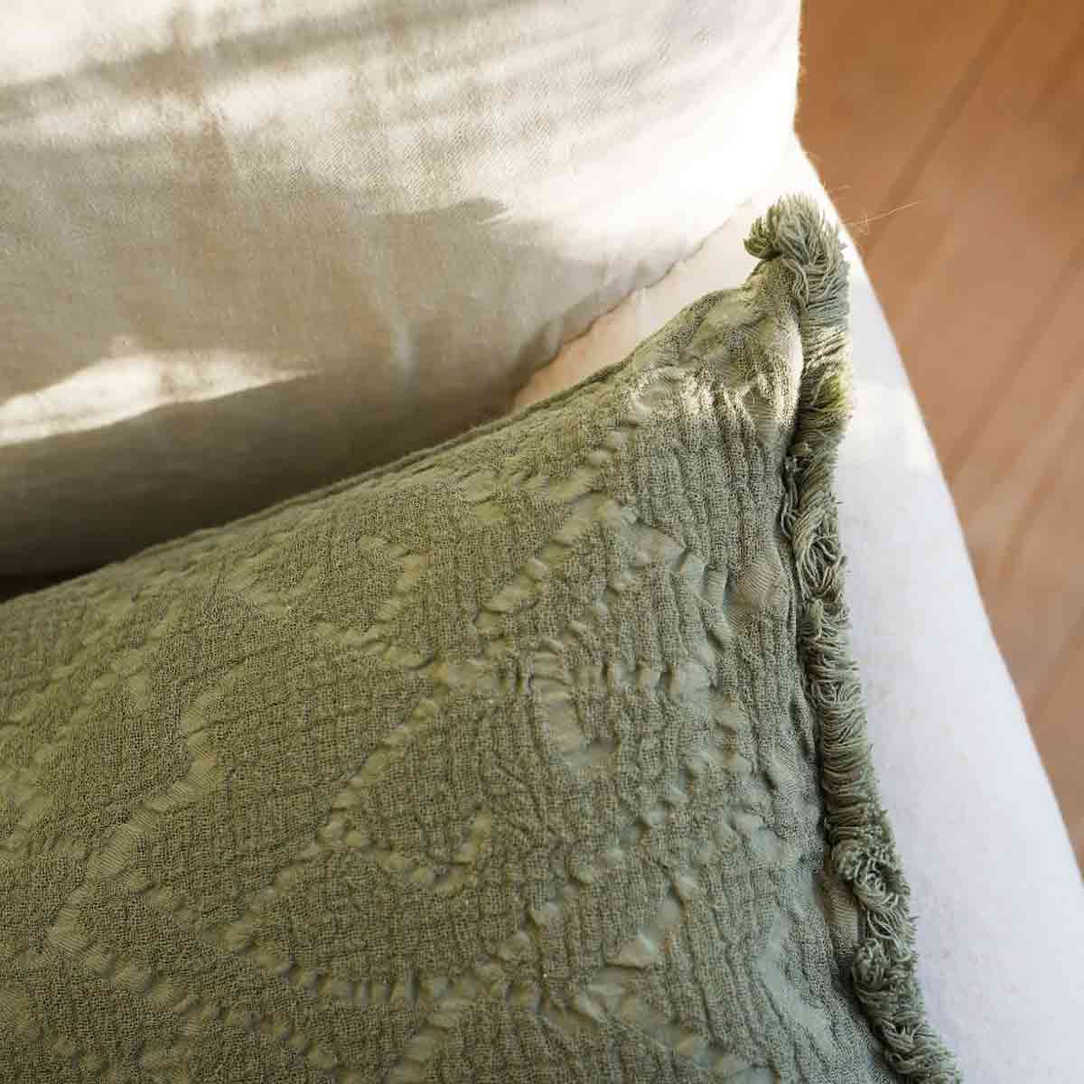 Chantilly Cushion in Olive - close up of lace waffle texture
