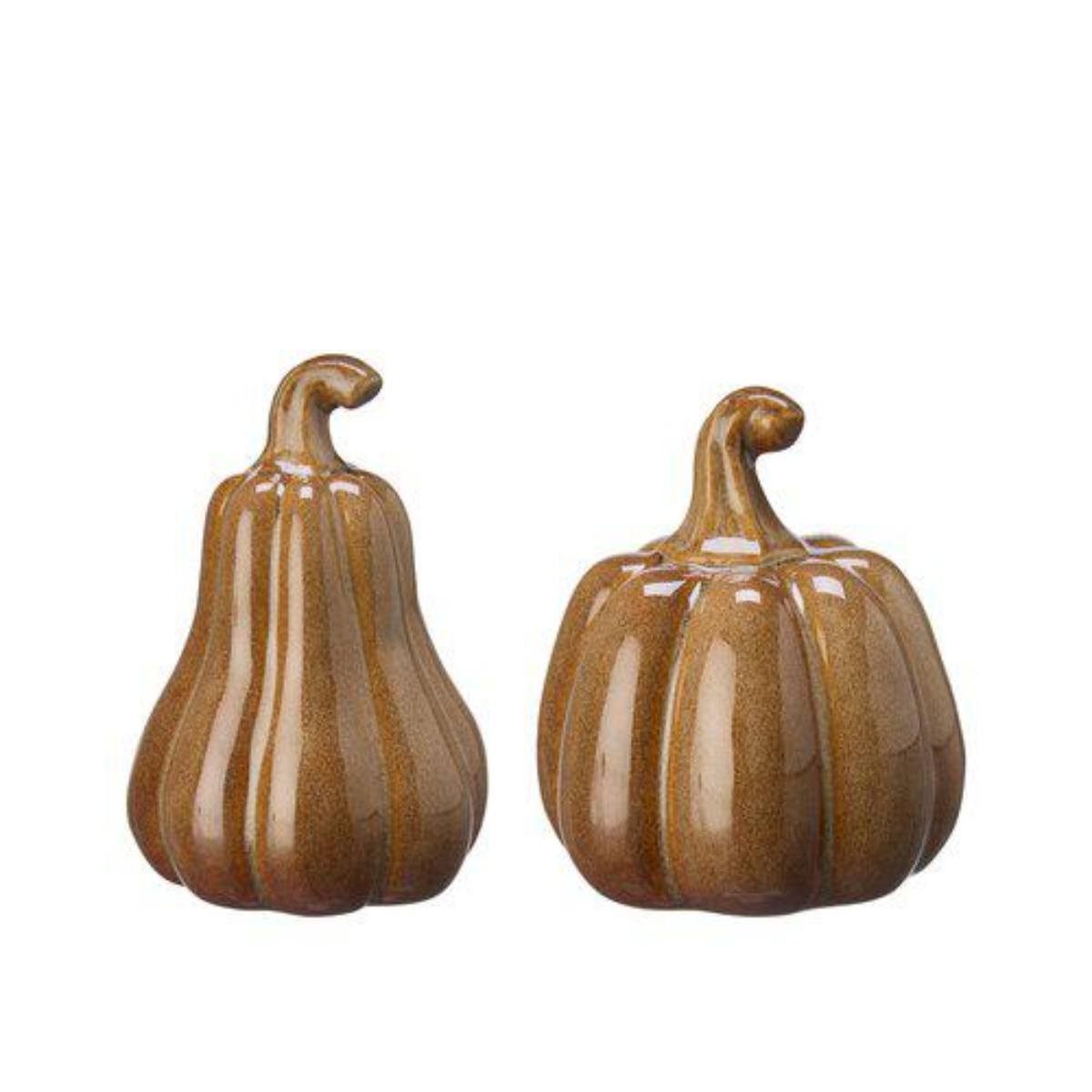 Chestnut Ceramic Pumpkins – two-piece set with natural chestnut glaze on white background