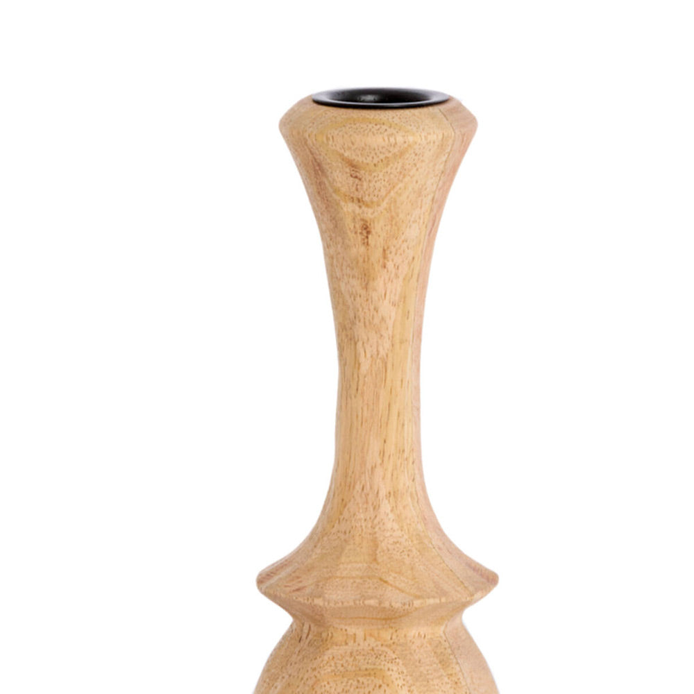 Close up of Cirilo Natural Wood Candlestick on white background