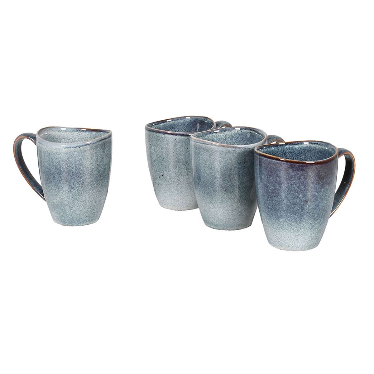 Four reactive glaze cornflower blue stoneware mugs