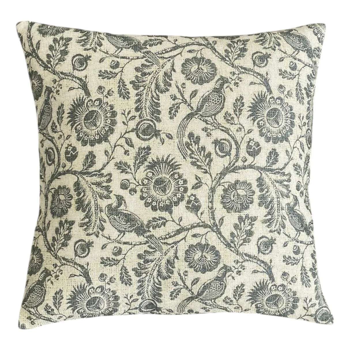 Countryside Cushion in Green with bird and leaf pattern on white background