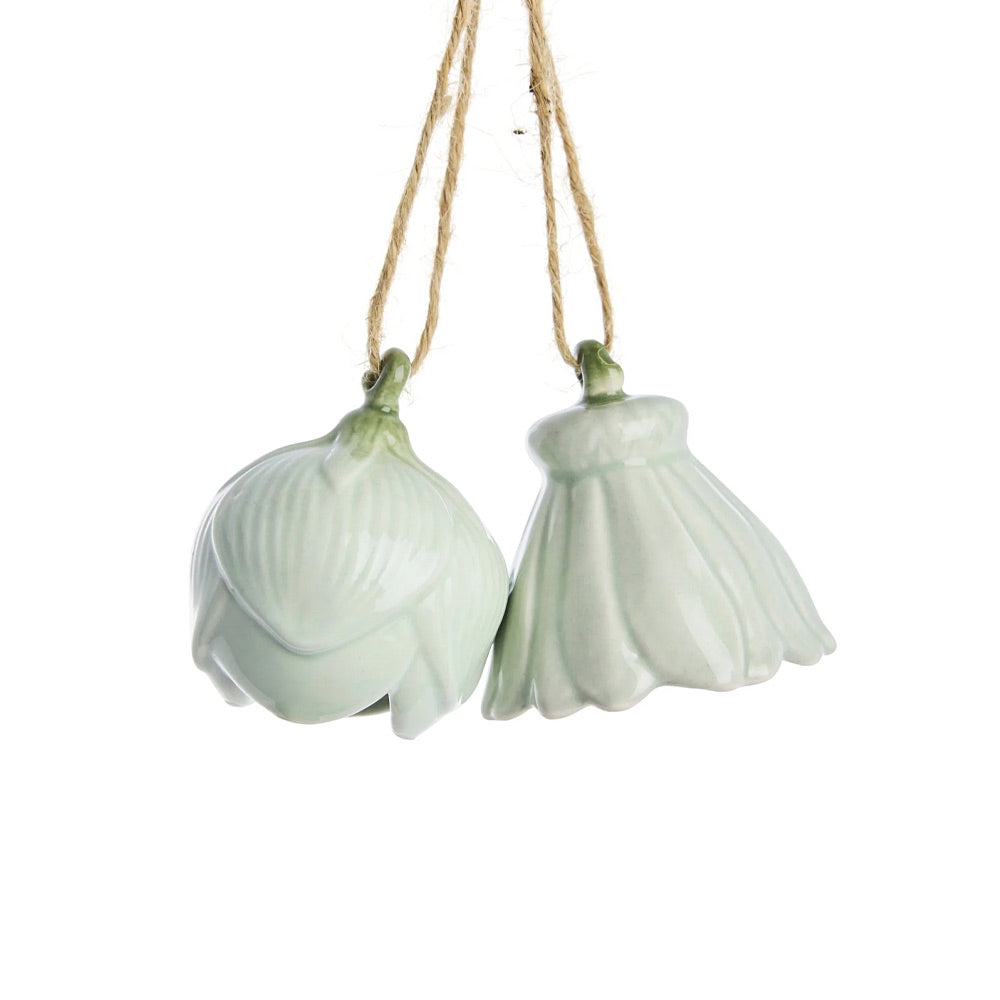 Dehlia Hanging Flower Ornament - Set of Two, Light Green