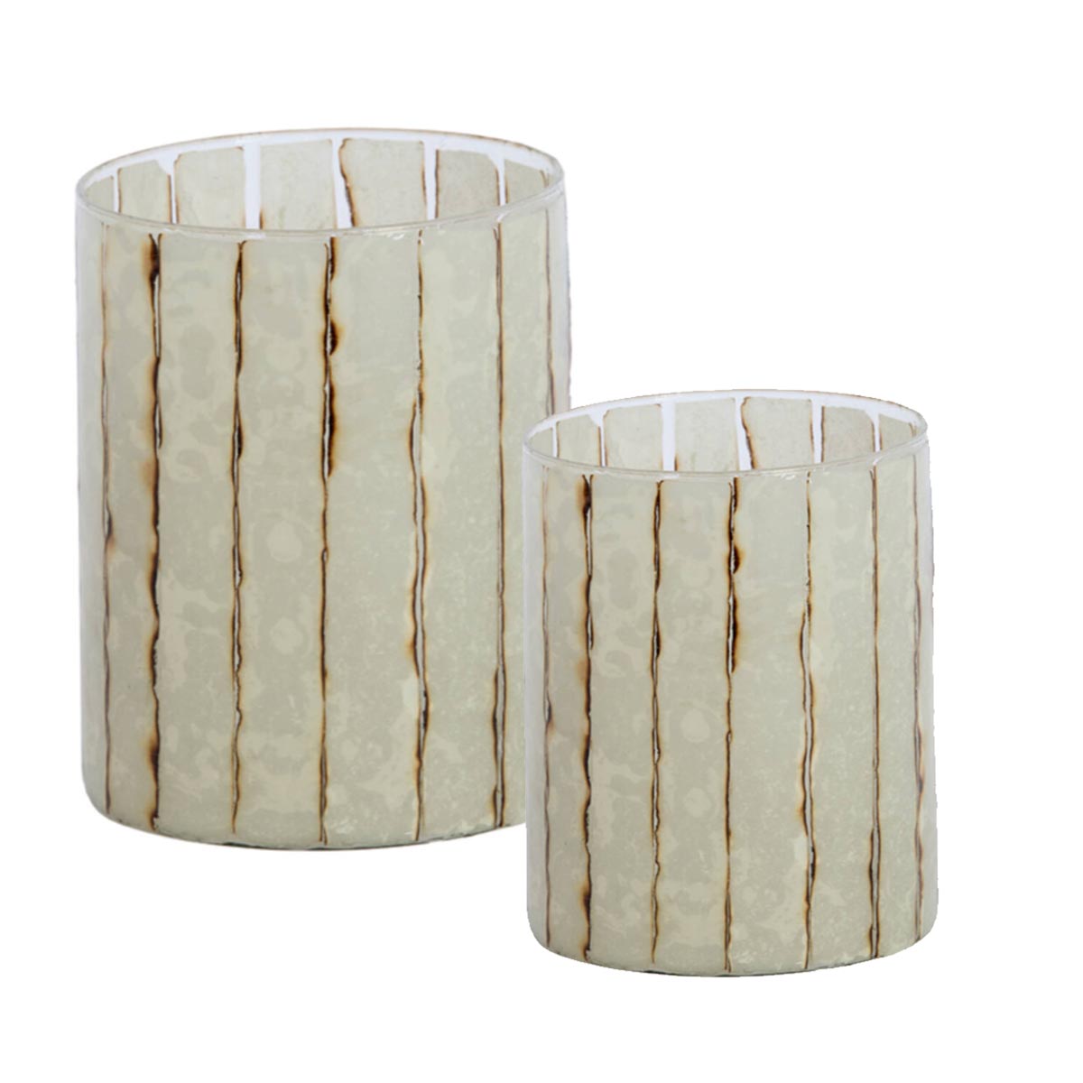 Drino Glass Candle Holders - with amber and white rustic strupe effect. Large and small sizes shown together