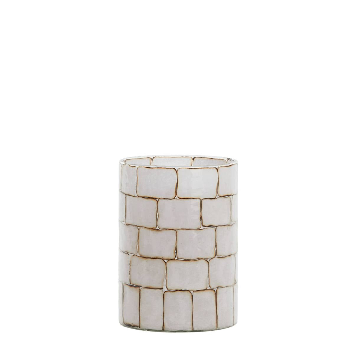 Dronero Candle Holder – large size 20cm, clear glass with white tile-style design