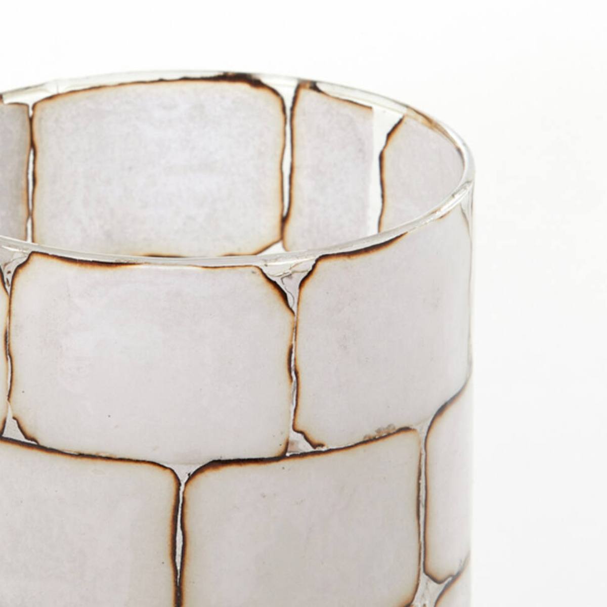Dronero Small Candle Holder – close-up showing clear glass with white panels outlined in gold