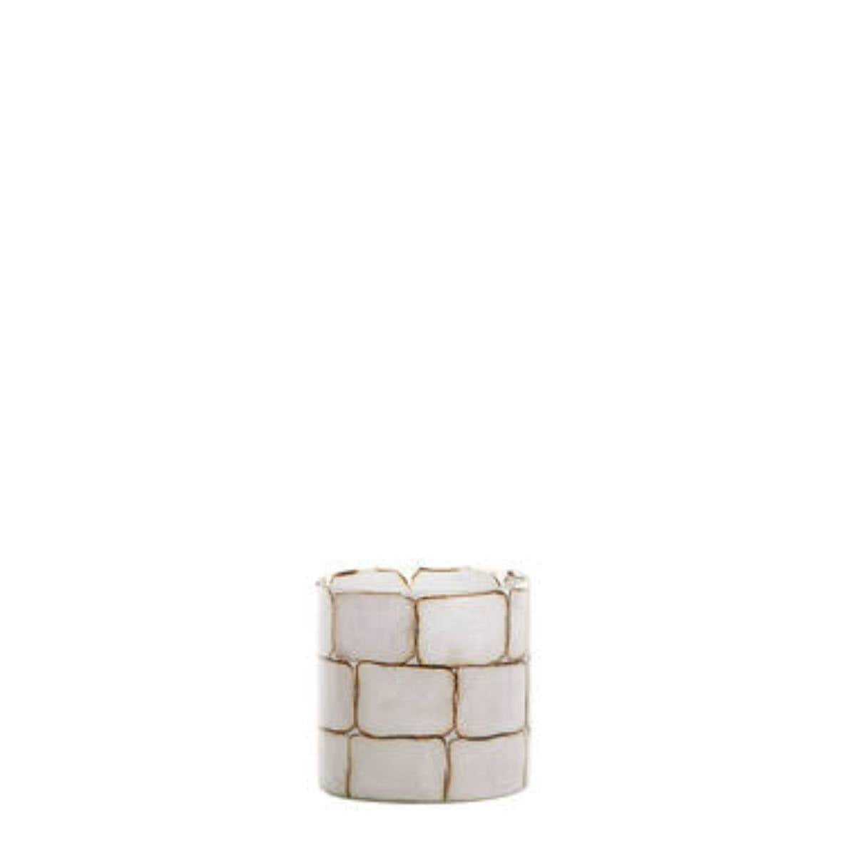 Dronero Candle Holder – small size 11cm, clear glass with white panels and gold detail