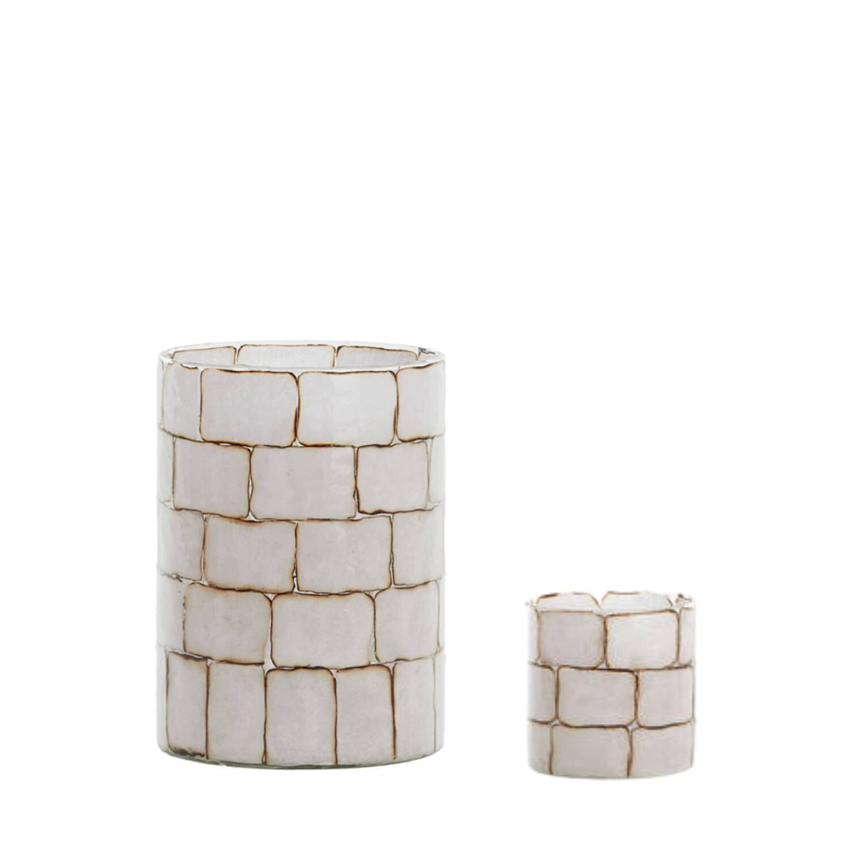 Dronero Candle Holders – clear glass with white tile panel pattern and gold edging, two sizes shown together
