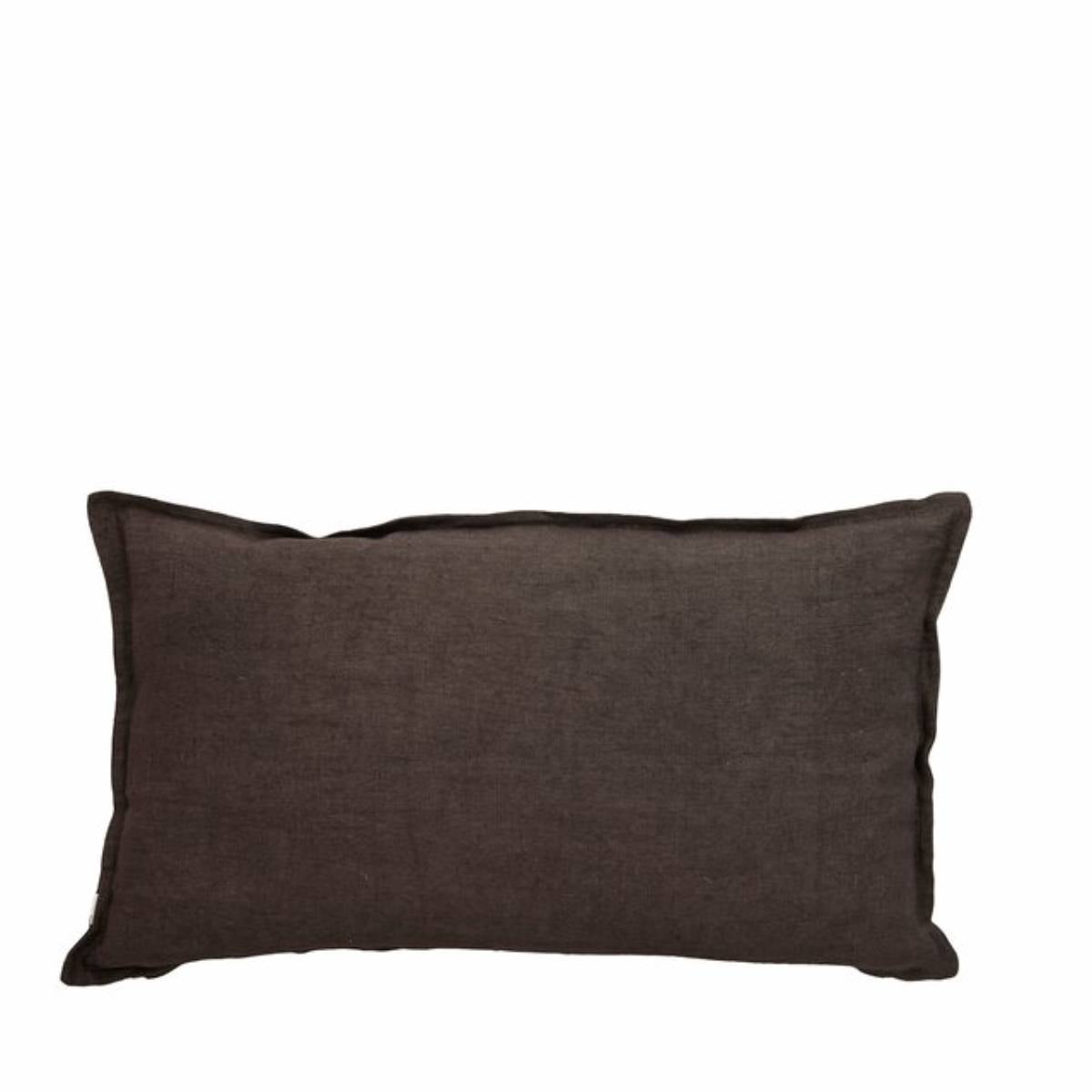 Brown rectangular Efina Dark Brown Linen Cushion on a white background