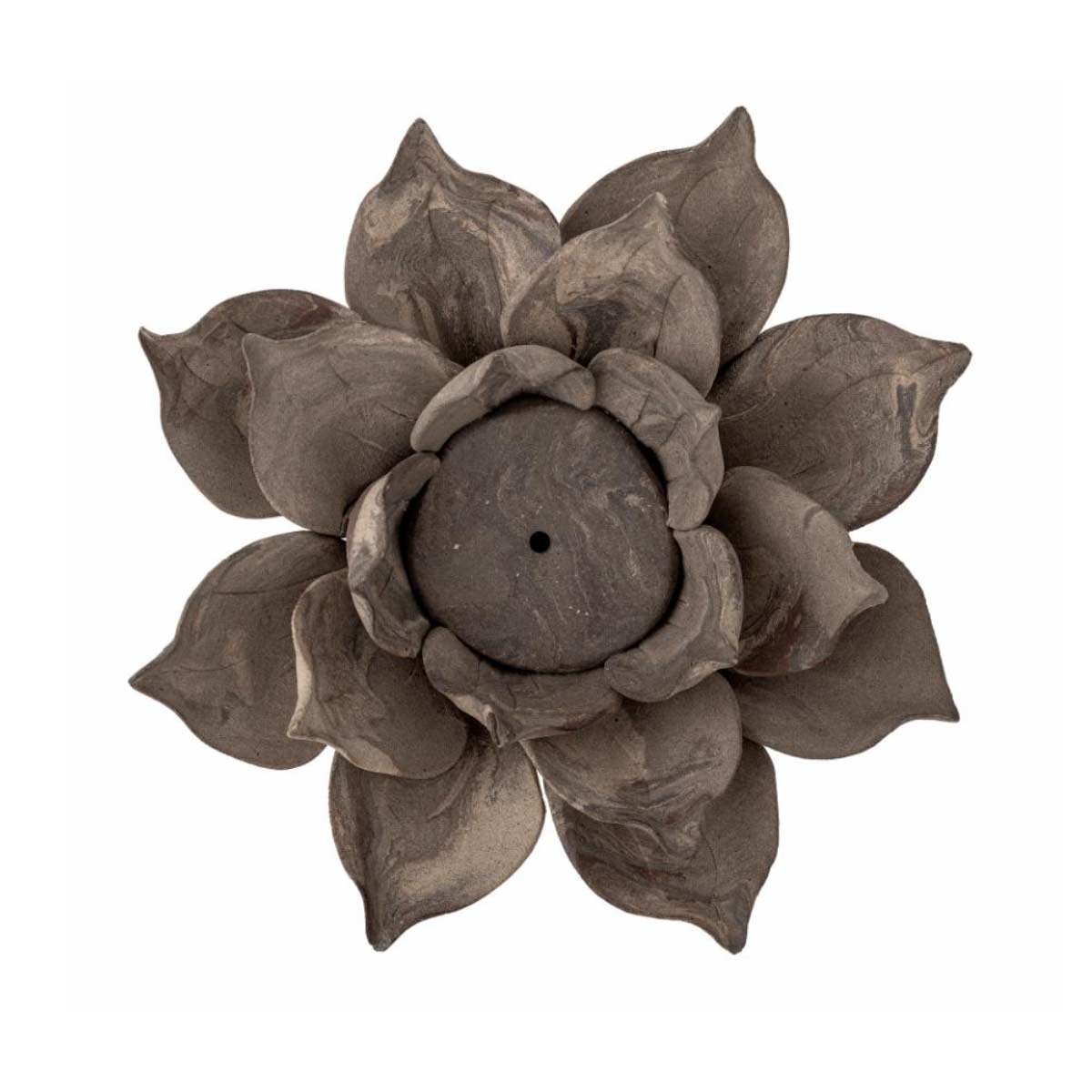 Eira stoneware tealight holder in brown with sculpted flower petals - from above.