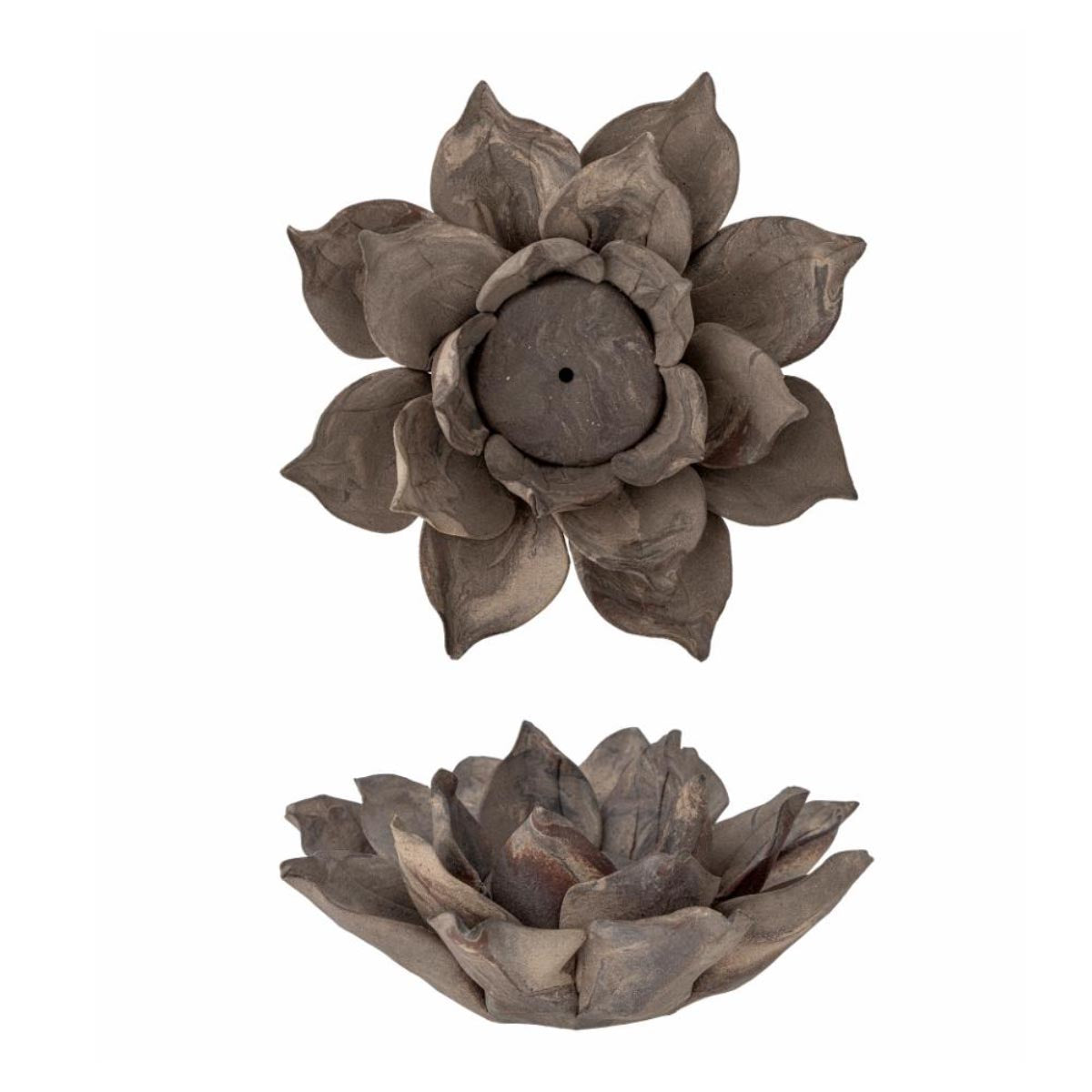 Eira stoneware tealight holder in brown with sculpted flower petals. Displayed from above and the side.