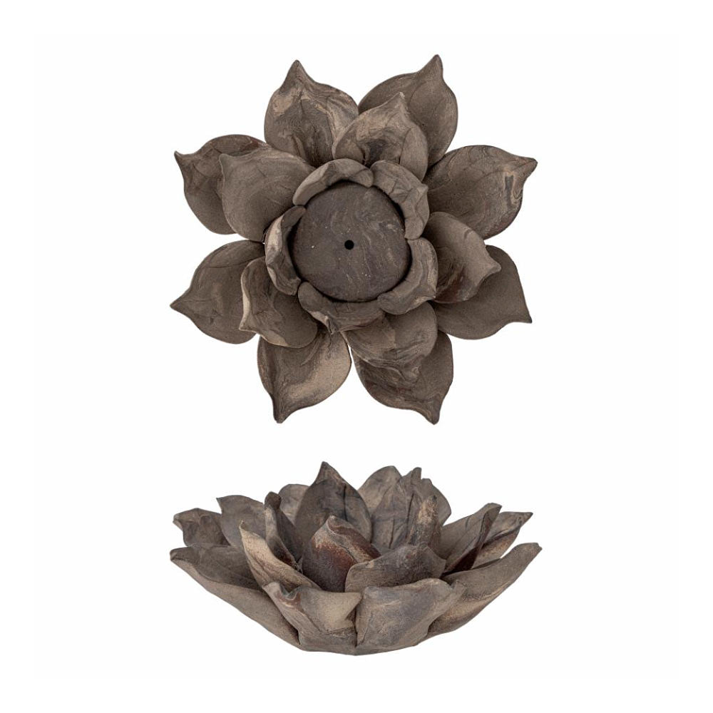 Eira stoneware tealight holder in brown with sculpted flower petals. Displayed from above and the side.