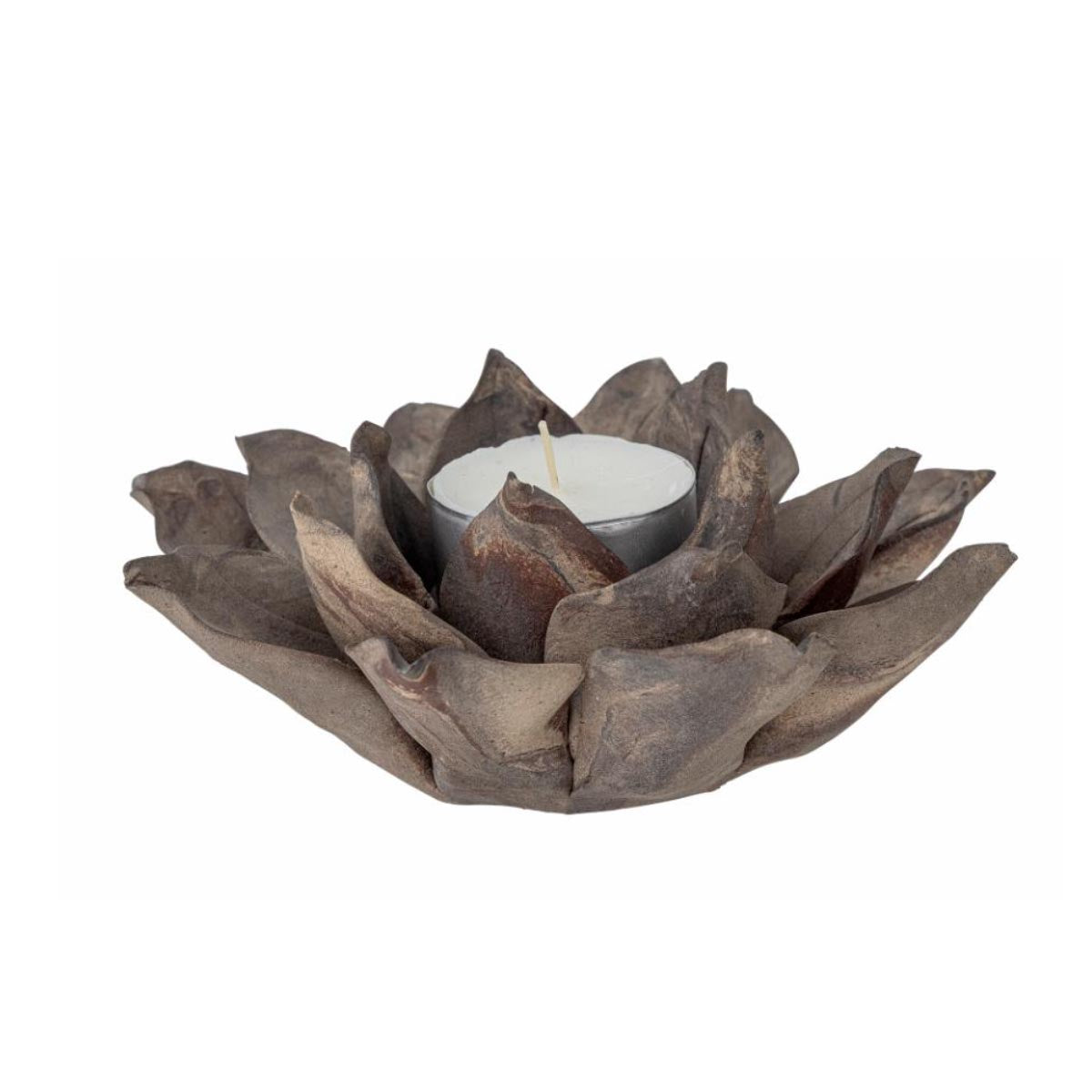 Eira stoneware tealight holder in brown with sculpted flower petals and a marbled finish, designed for a 4x2cm tealight. A decorative and warm home accent. Displayed with tealight.