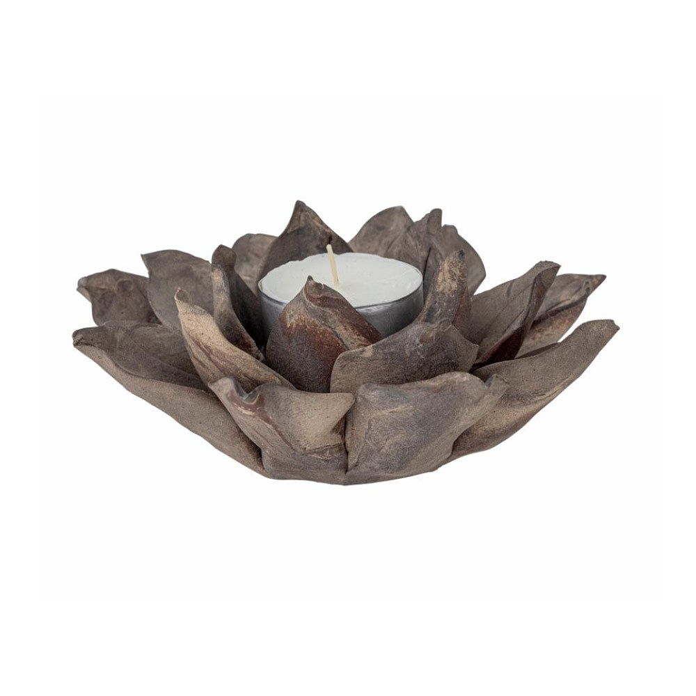 Eira stoneware tealight holder in brown with sculpted flower petals and a marbled finish, designed for a 4x2cm tealight. A decorative and warm home accent. Displayed with tealight.