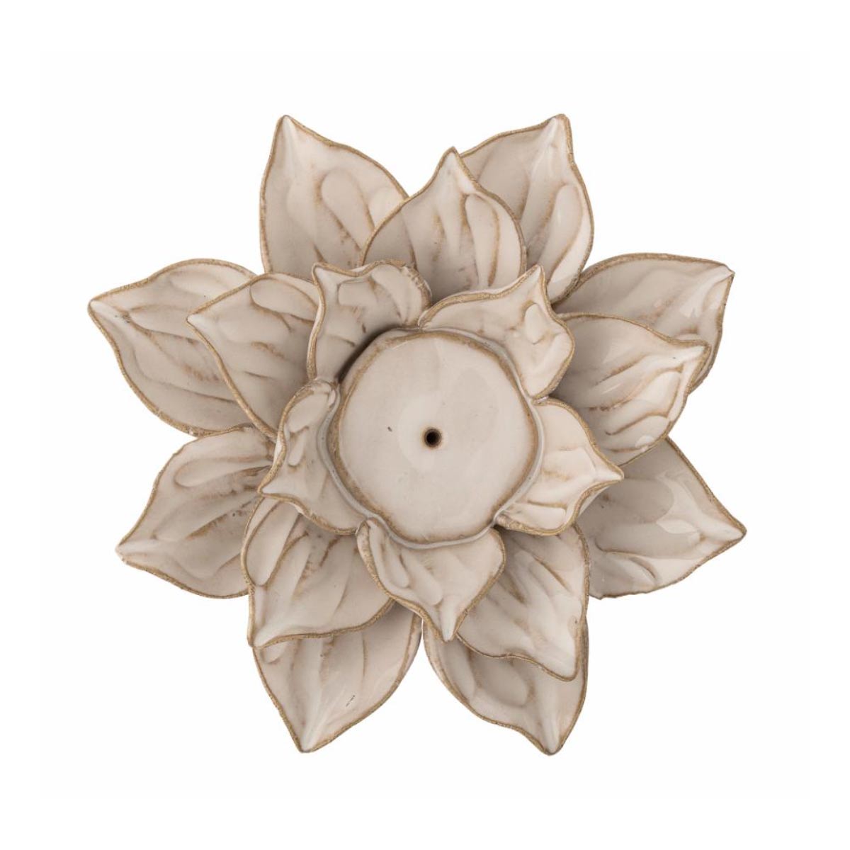 Eira stoneware tealight holder with layered flower petals and brown-edged detailing, designed for a 4x2cm tealight. A decorative and warm home accent.