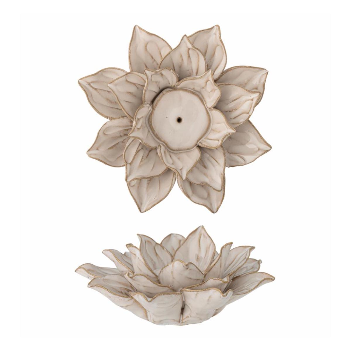 Eira stoneware tealight holder with layered flower petals and brown-edged detailing, designed for a 4x2cm tealight - displayed from above.