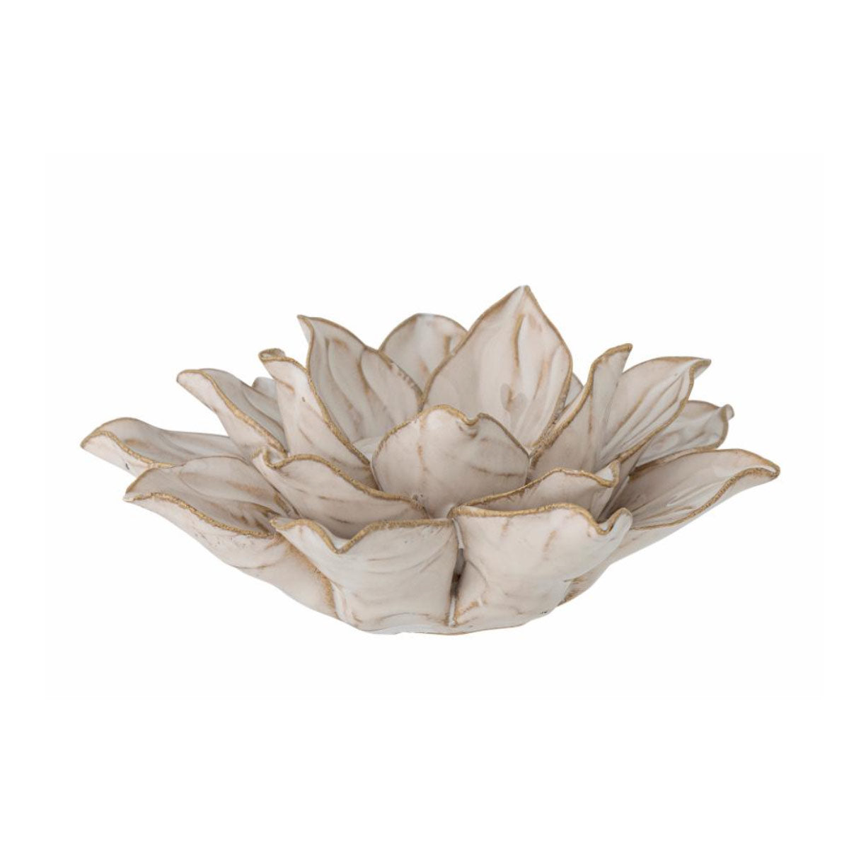 Eira Stoneware Tealight Holder in a natural finish with a handcrafted flower-inspired design.