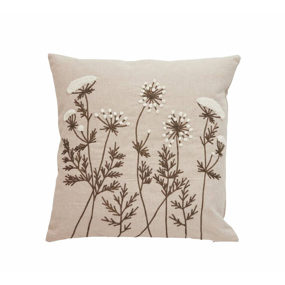 Emilde Cushion in Linen and White with floral embroidery on a white background