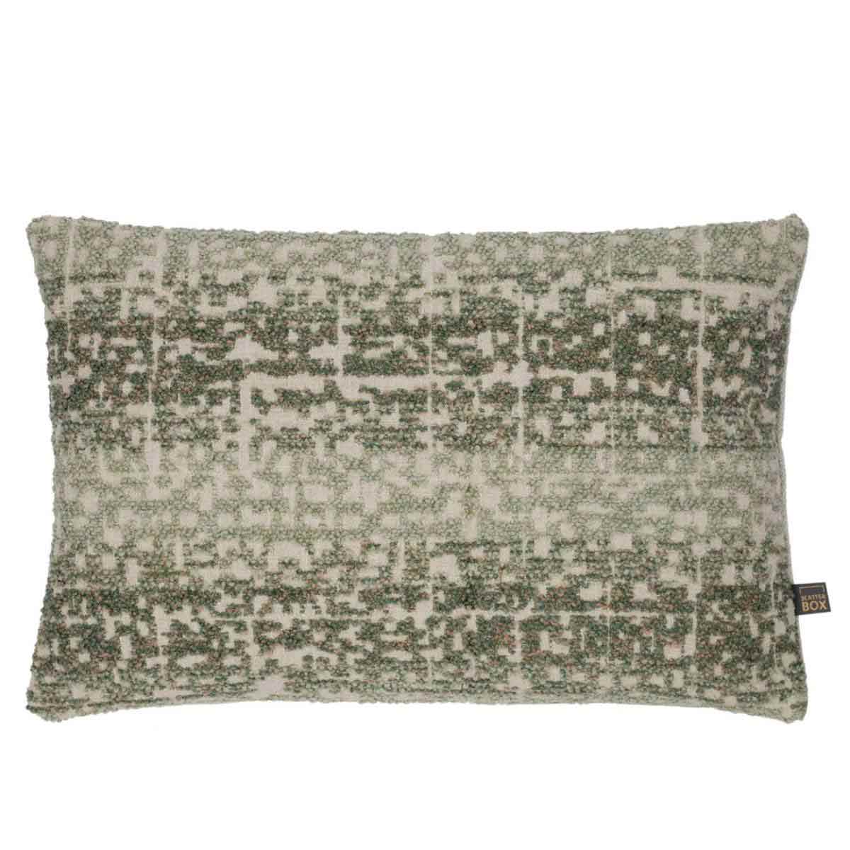 Esme Oblong Cushion in Green and Rose (40x60cm), featuring a textured woven boucle fabric with soft green and rose tones. Handmade in Ireland with a luxurious feather-filled insert.