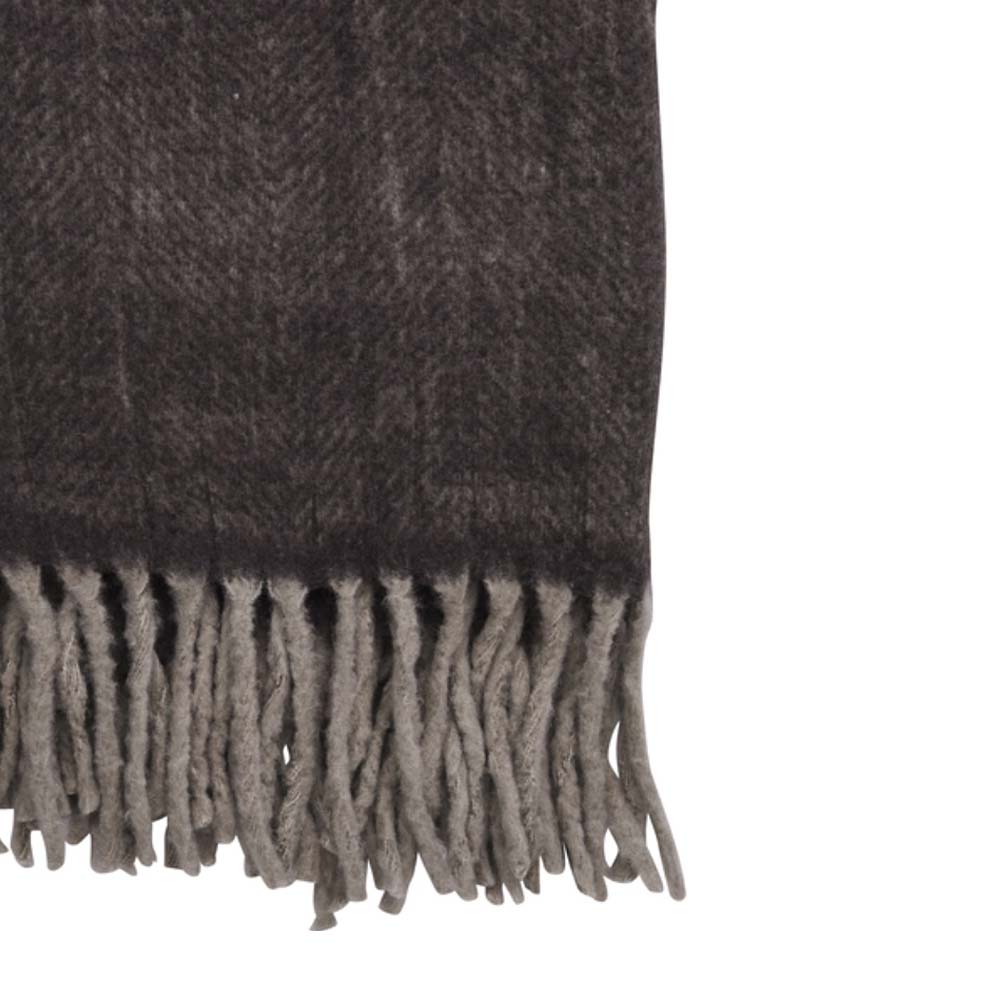 Close up of Essia brown wool herringbone throw with matching fringe, 170×130cm on white background