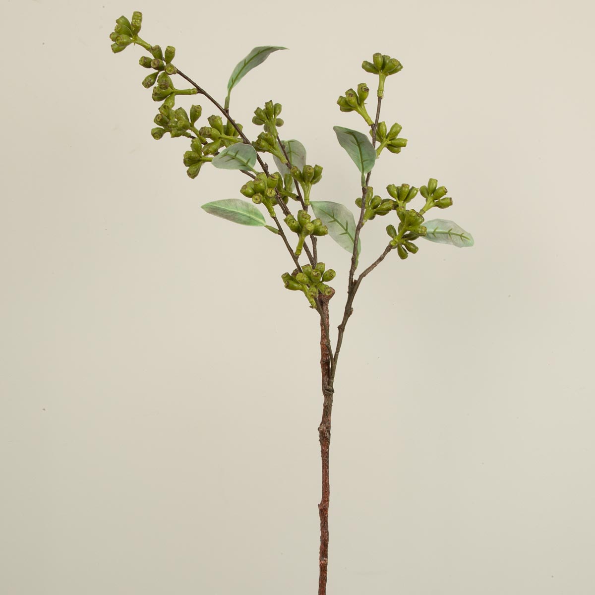 A Faux Eucalyptus Seed Pod Spray with green leaves and branch on a grey background