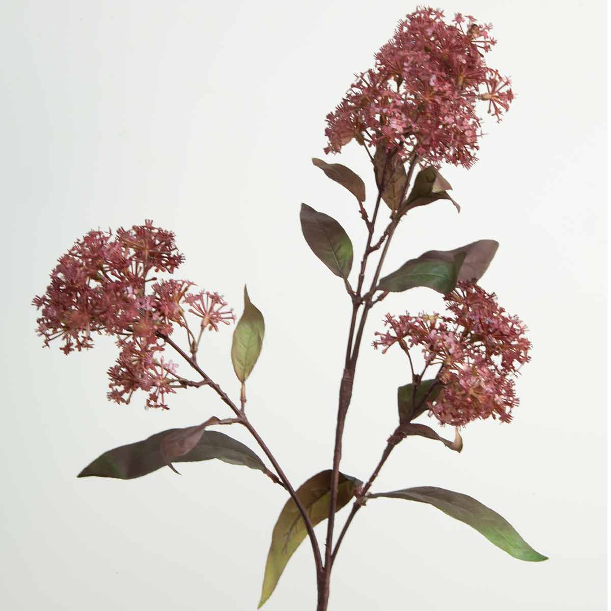 A single artificial burgundy smokebush stem with green leaves and purple flowers against a white background.