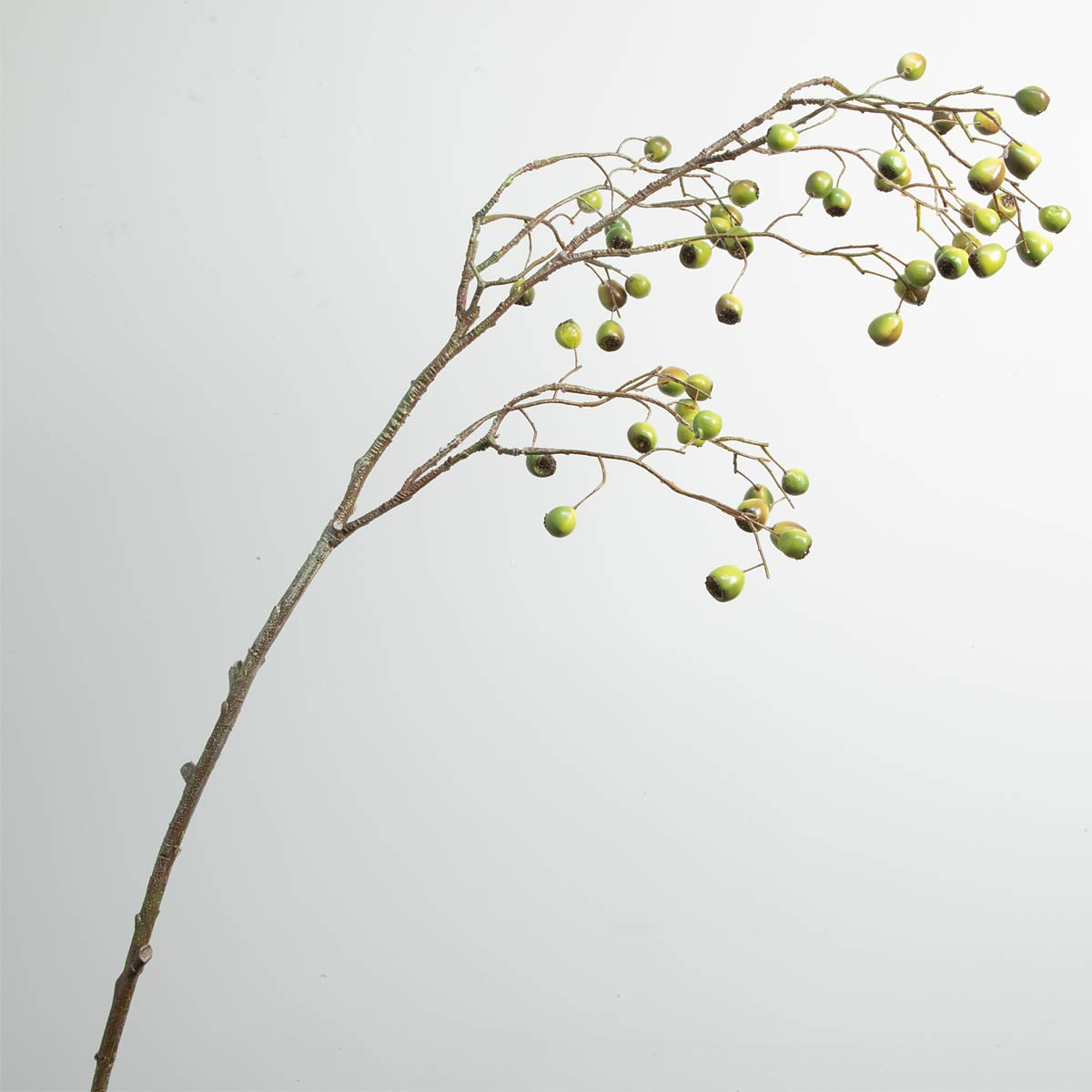 An artificial dual tone eucalyptus berry stem leaning to the right on a white background