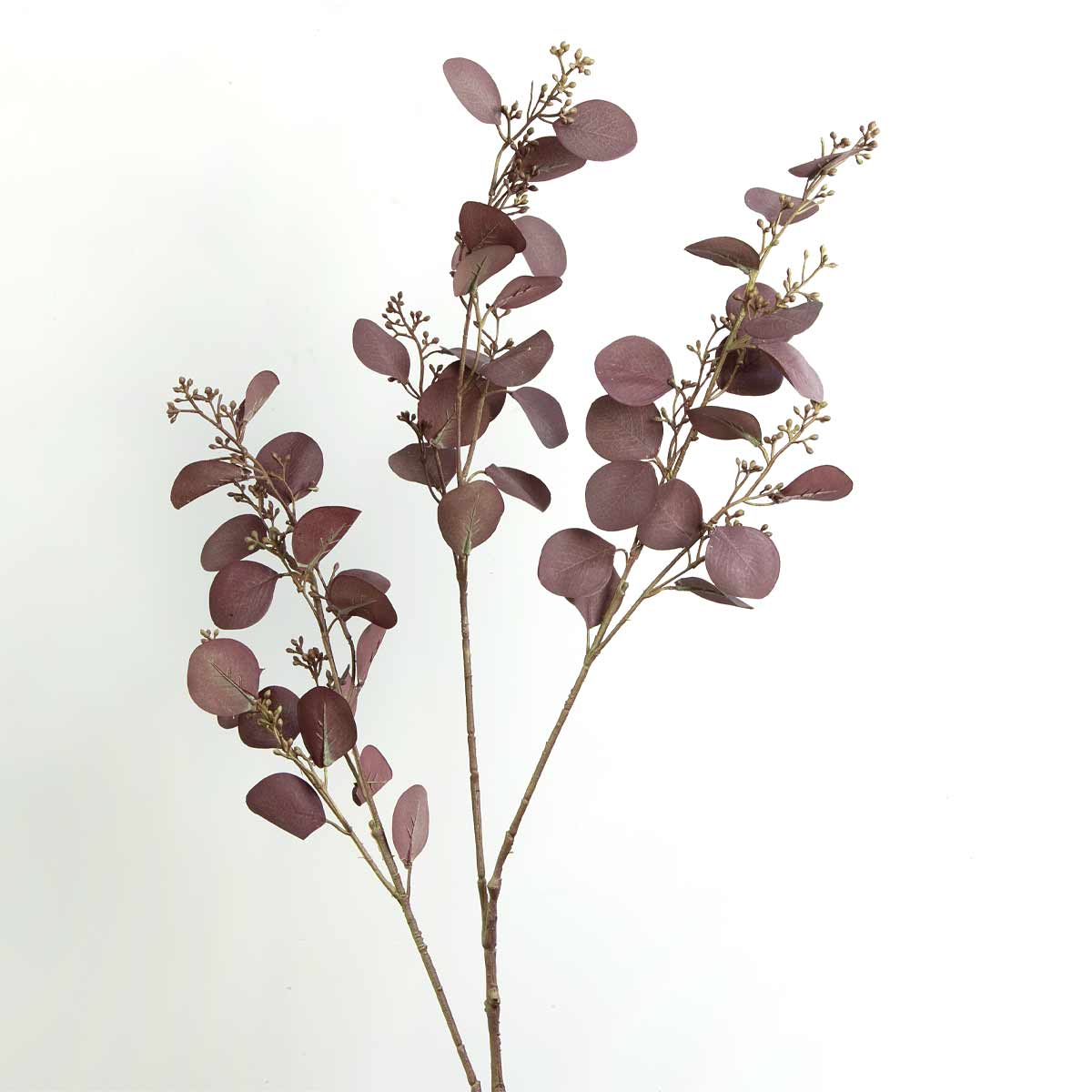 A realistic eucalyptus spray with rounded leaves in deep aubergine-purple tones, perfect for adding contrast to neutral arrangements.