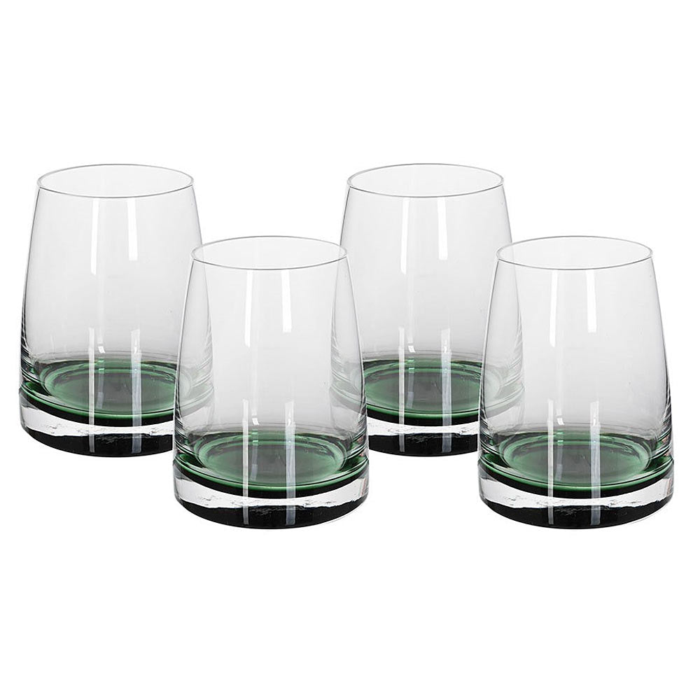 Four clear stemless tumblers with a green tinted base, arranged in a group on a plain white background.