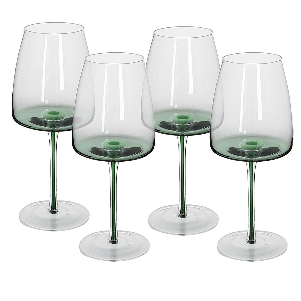 Four clear wine glasses with green stems and green bases, arranged in a row on a white background.