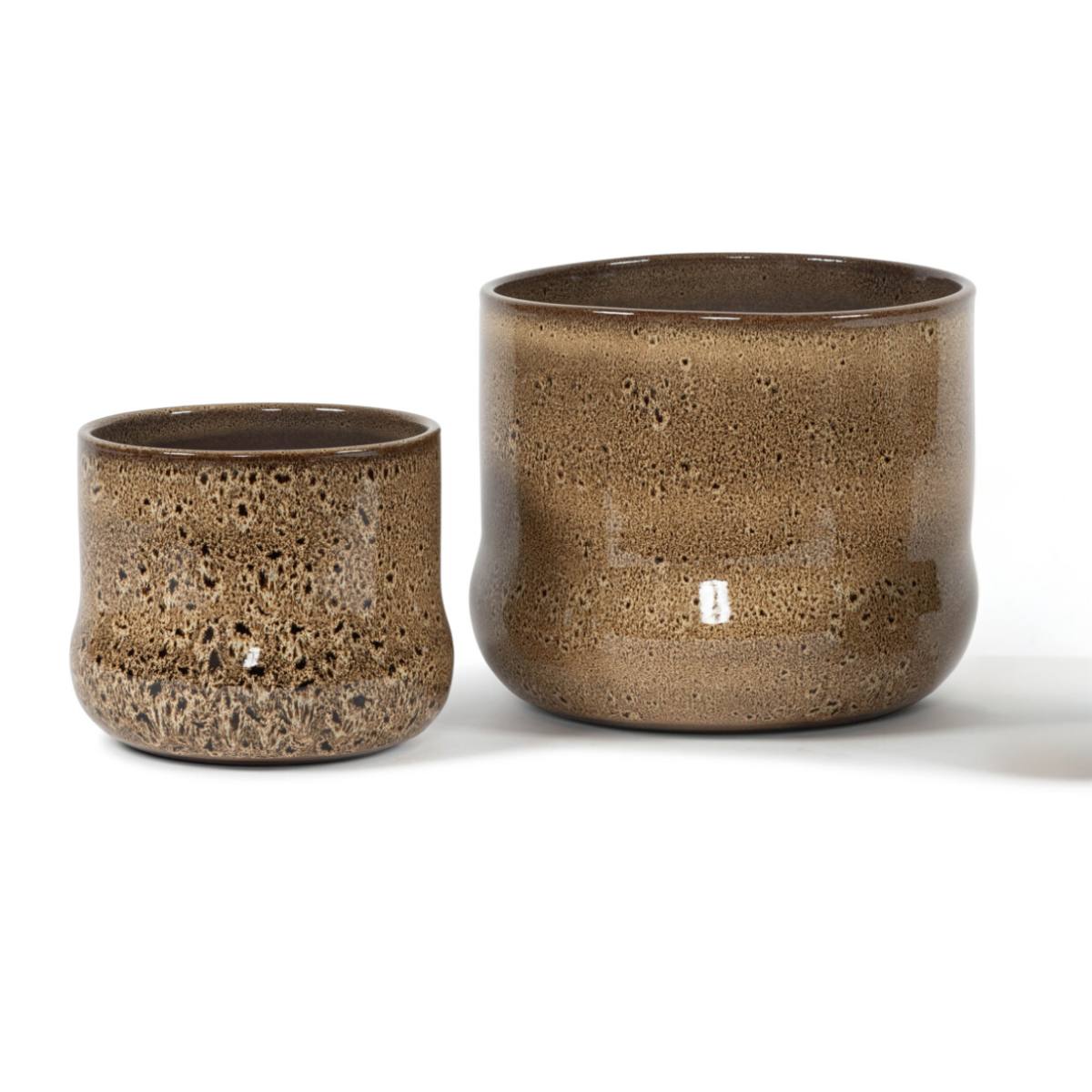 Cream and brown ceramic plant pots in small and large sizes with a speckled reactive glaze