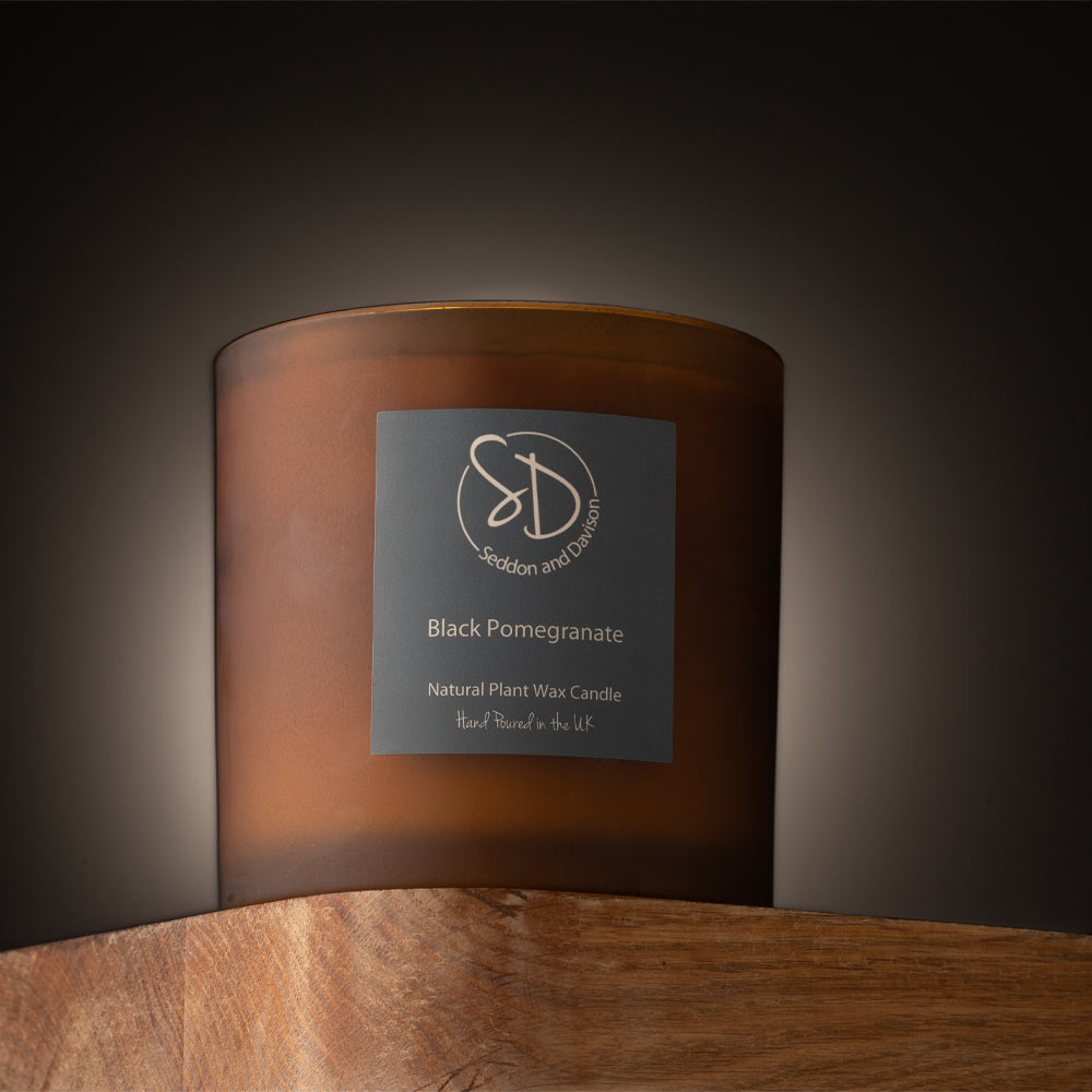 Frosted Amber Glass 3 Wick Large Candle - Black Pomegranate