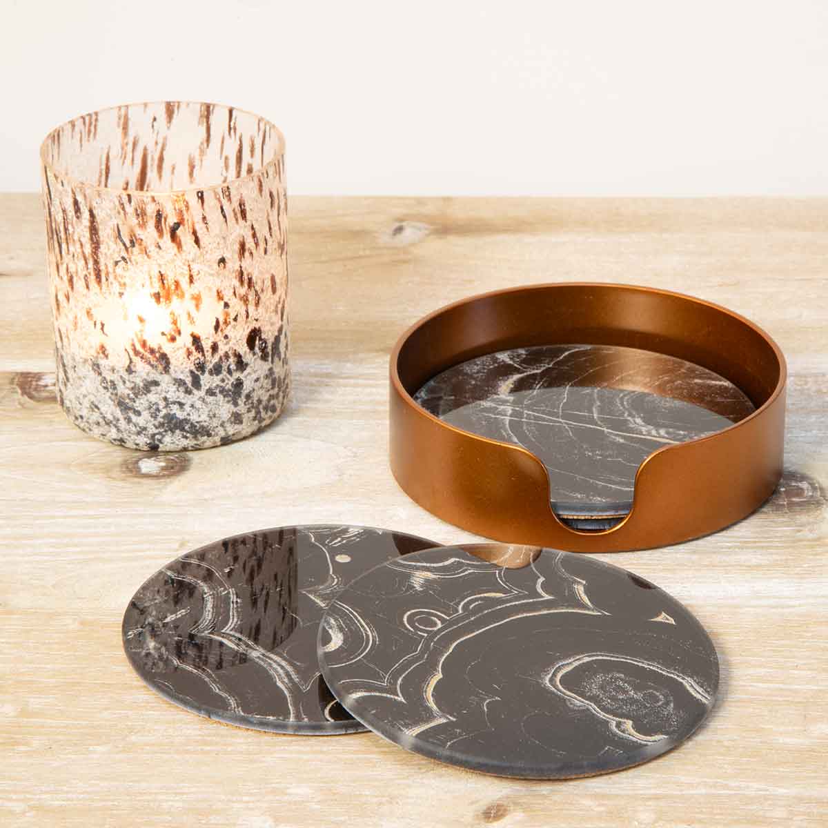 Glass Marble Effect Black Drinks Coasters – Set of 4 with gold case styled with candle