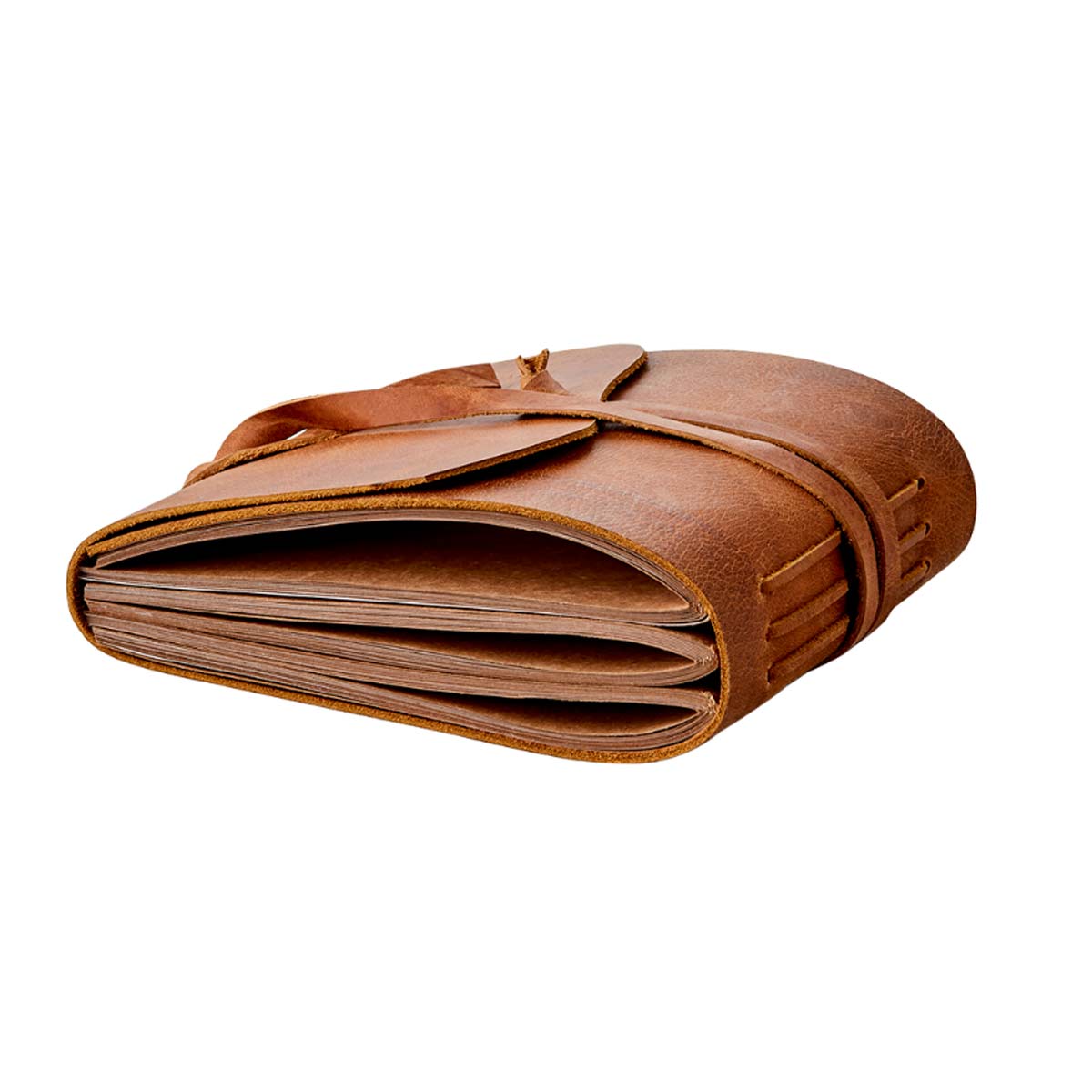 Folded leather-bound notebook with wrap-around closure, ideal for journaling or keepsakes