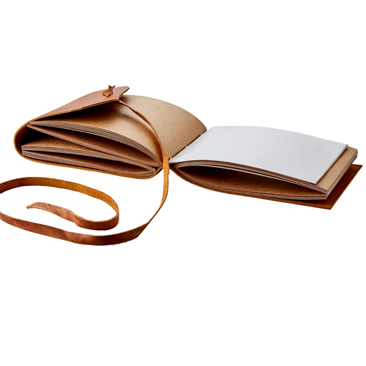 Globetrotter Leather Bound Note/Photo Book - Small - Handmade leather notebook opened to reveal blank pages, perfect for writing or sketching