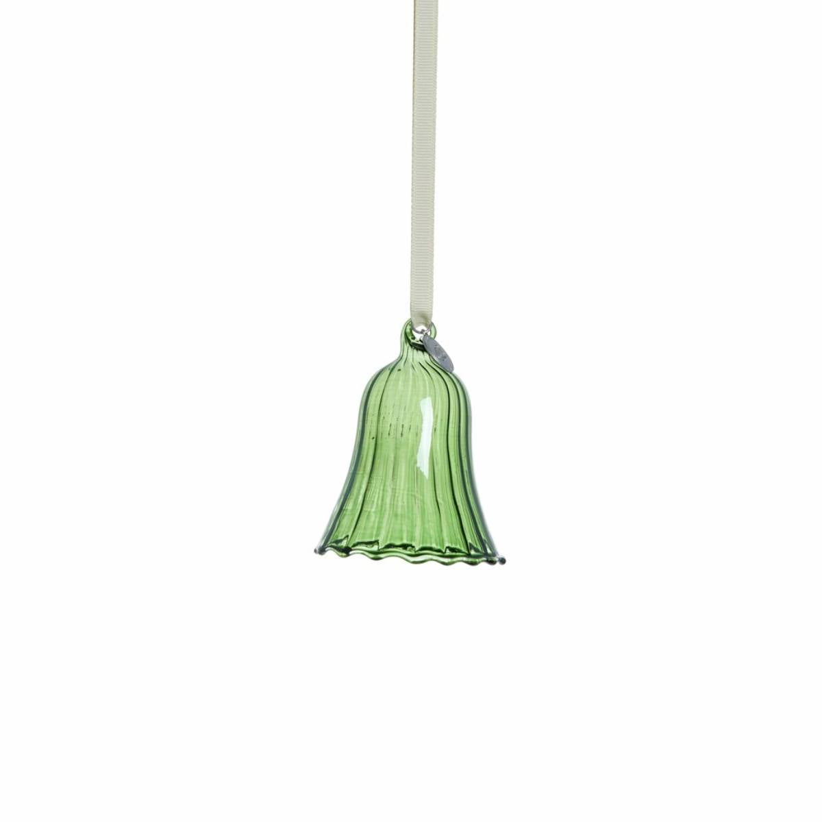 Green Glosille glass bell-shaped ornament on a white background