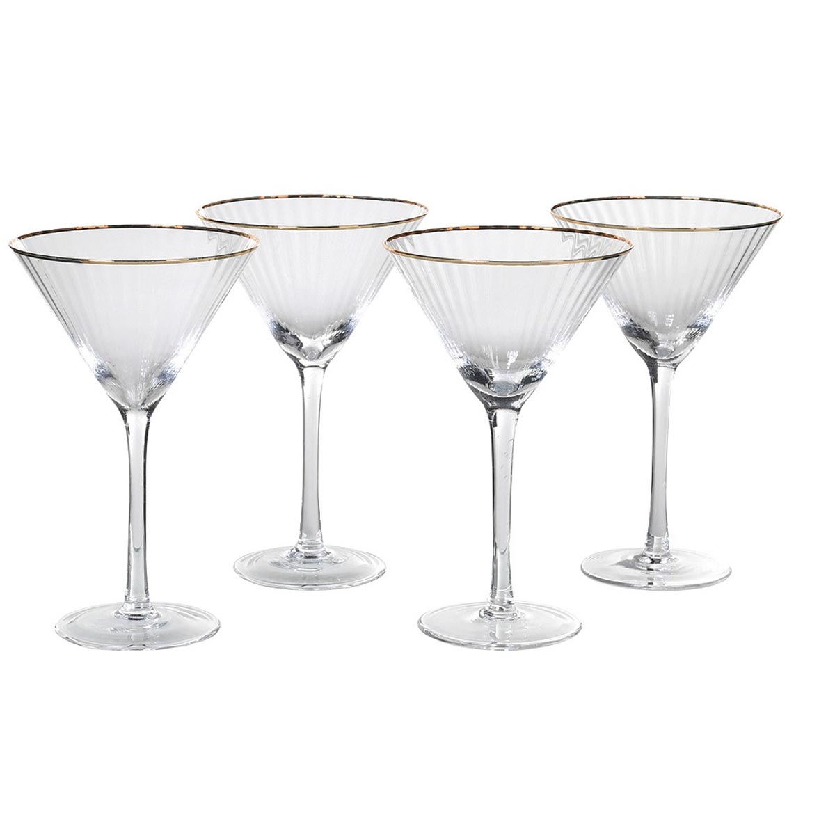 Four Gold Rimmed Martini Glasses shown on white background