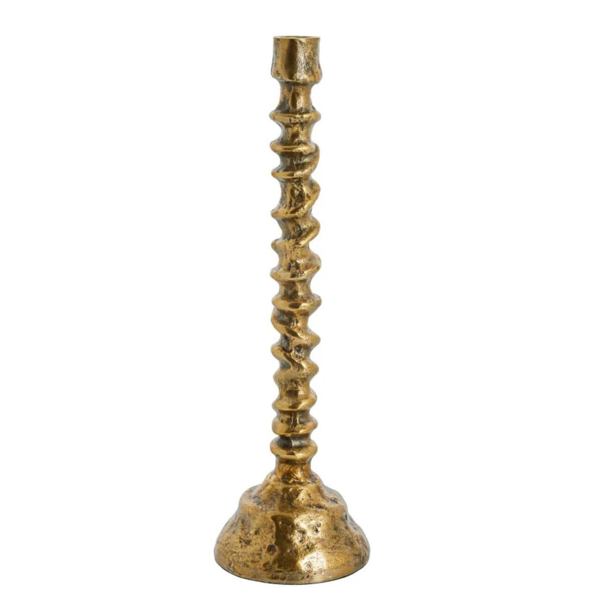Gold Sandi candlestick with a textured design on a white background