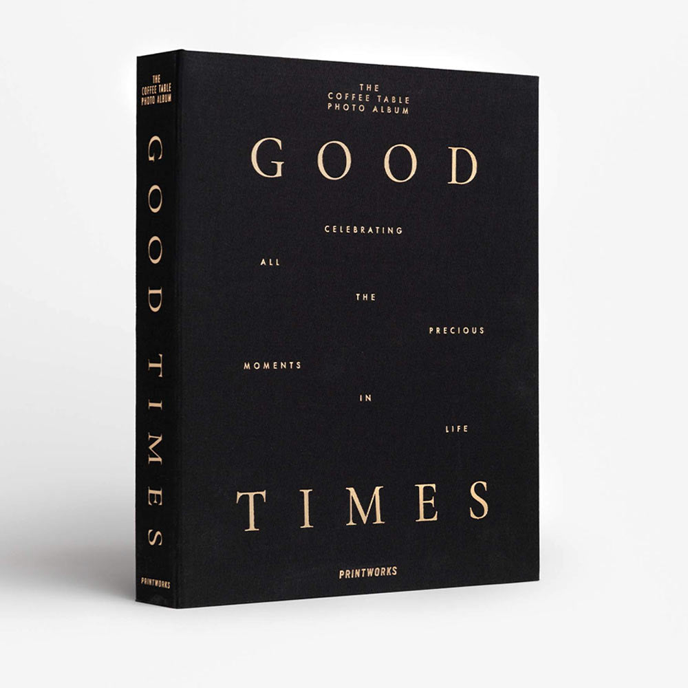 Black Good Times photo album with gold text on a white background