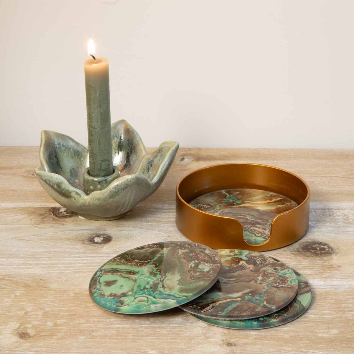 Green Marble Effect Coasters shown on wooden table with candle holder