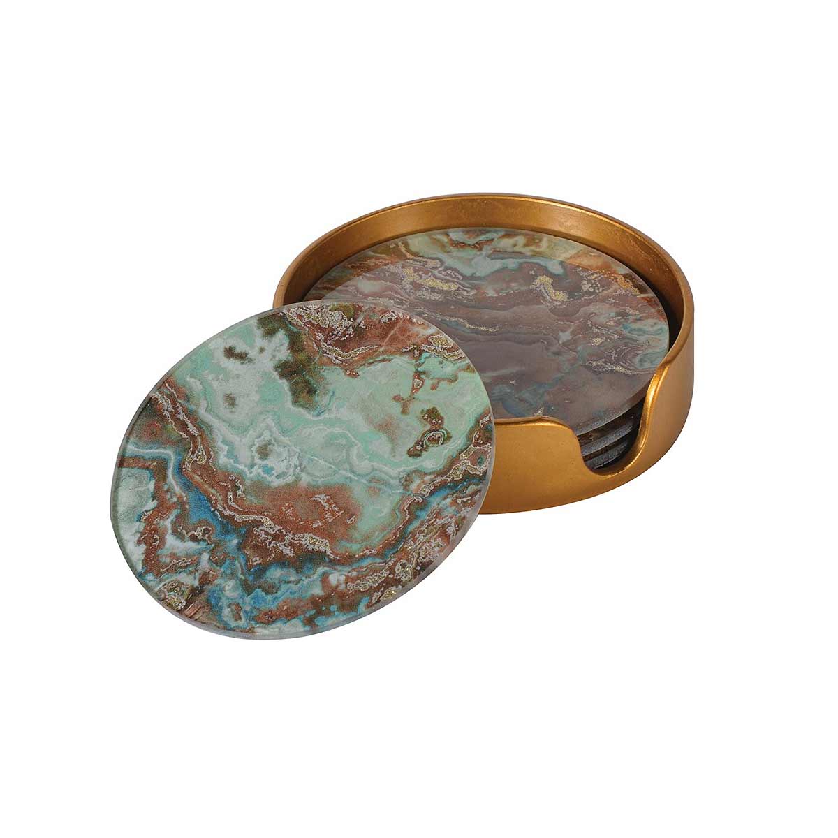 Green Marble Effect Coasters with gold storage case – Set of 4