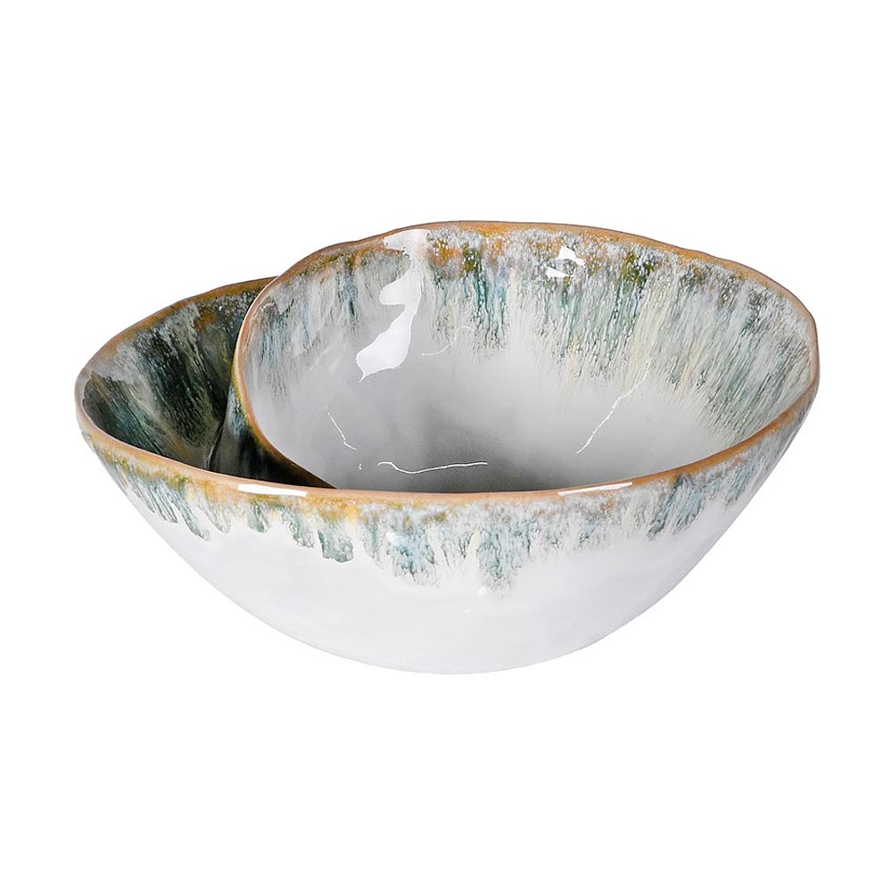 Side view of ceramic Green Ombre Shell Effect Bowl with green, white and gold glaze