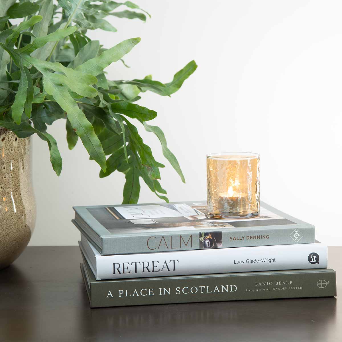 Hammered gold glass tealight holder with textured surface and soft candle glow - Displayed on stack of books with plant.