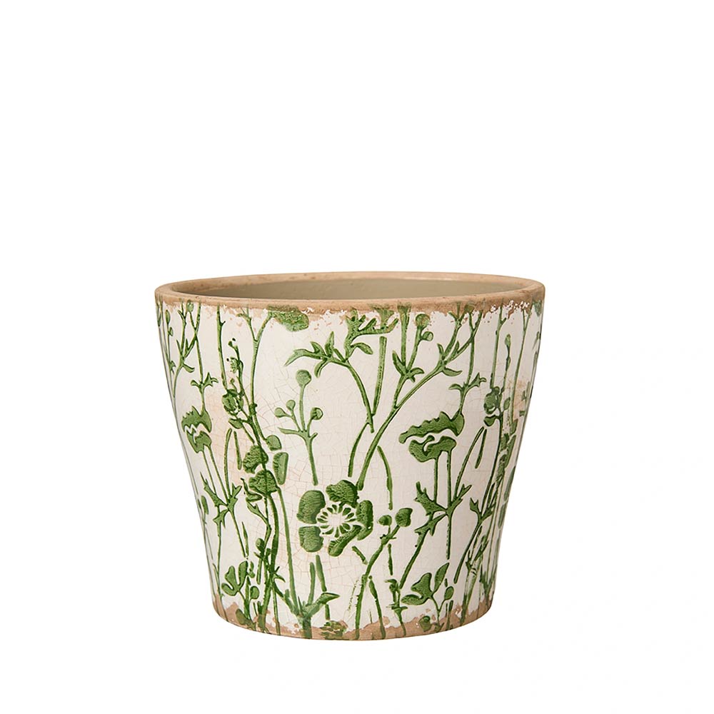A ceramic planter pot with a green botanical pattern on a cream-coloured glaze, featuring a rustic, unglazed brown rim and base.
