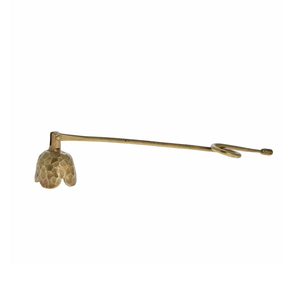 Side view of Ingrid Light Gold Candle Snuffer made from iron with bell design on a white background
