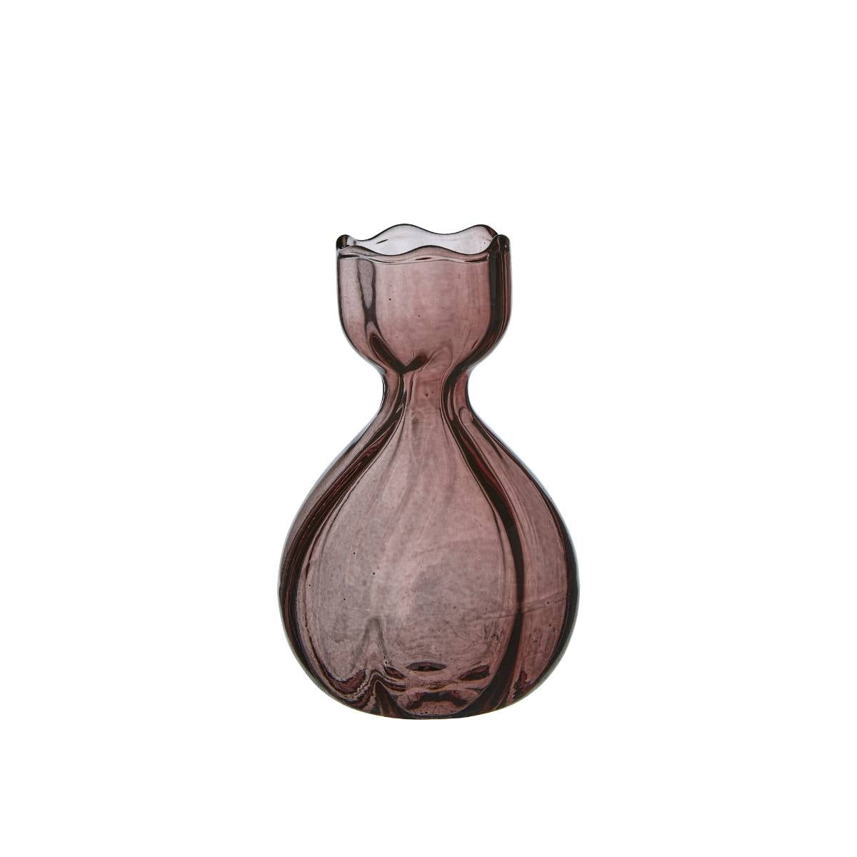 Iris Plum Bud Vase – medium purple glass vase with elongated teardrop shape and scalloped rim