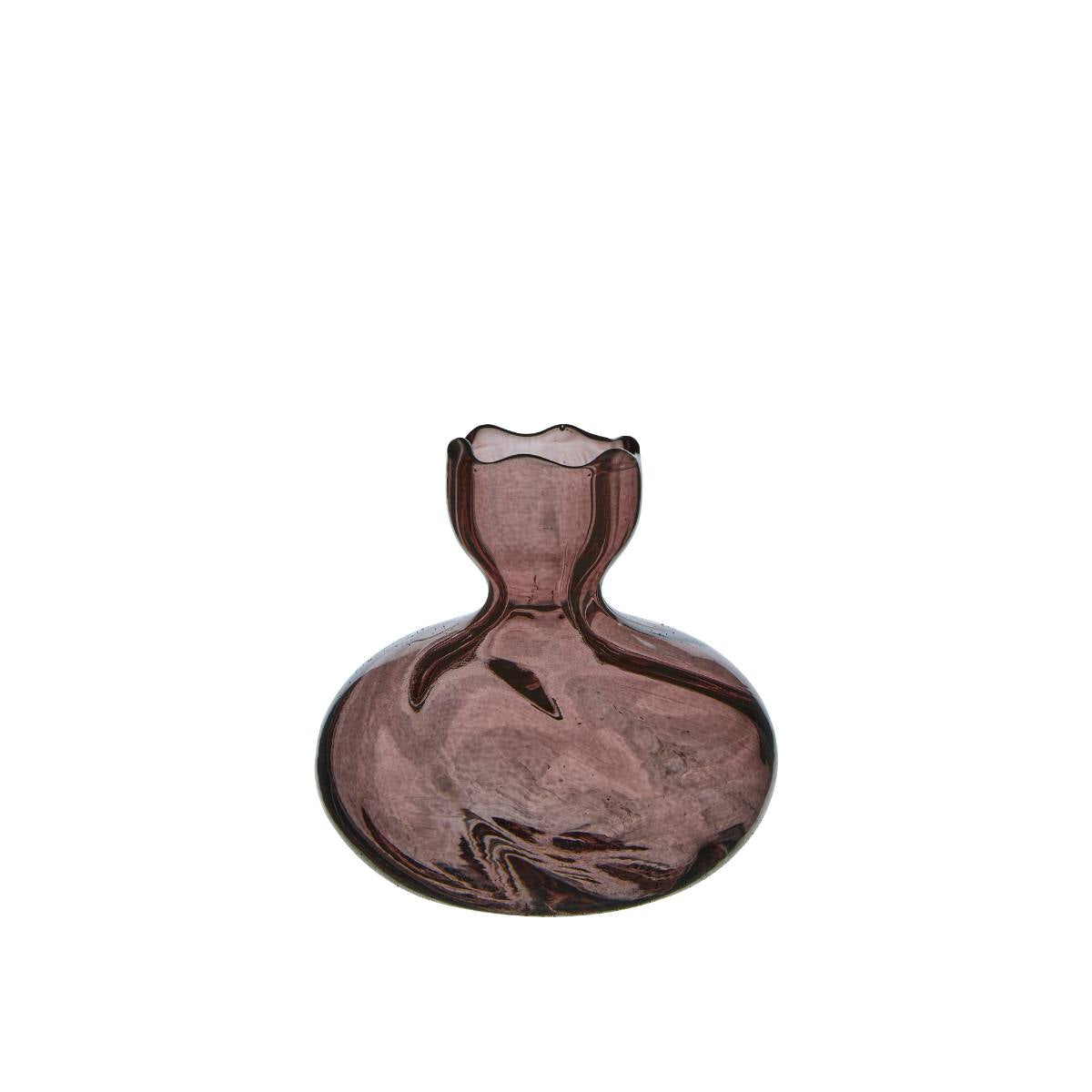 Iris Plum Bud Vase – small squat purple glass vase with rounded base and scalloped rim